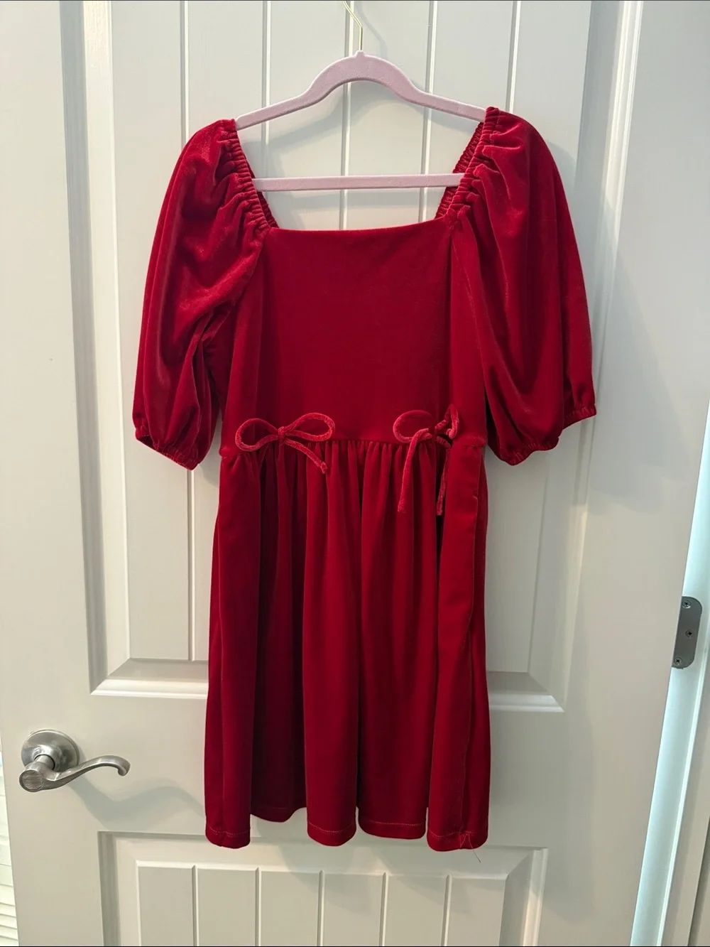 Copper Key Red Velvet Puff-Sleeve Dress with Waist Bows